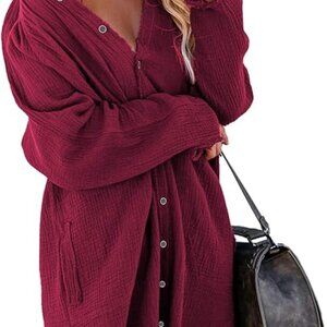 Burgundy Long Sleeve Button Down Tunic Dress Turn on screen reader support